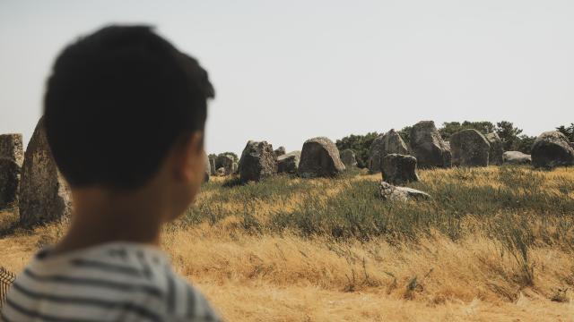 Un enfant admire les mystiques Alignements de Carnac