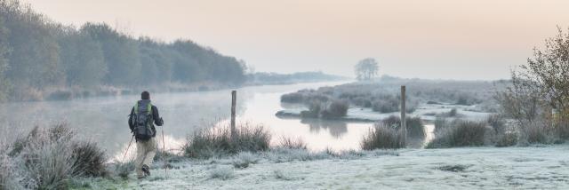 France, Loire-Atlantique (44), Saint-Lyphard, randonneur découvrant la Brière depuis le port de Bréca au petit matin, gelée sur la Brière.