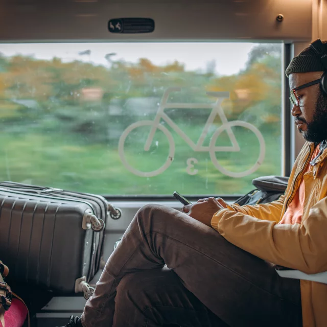 Rennes - Homme consultant son telephone dans le train